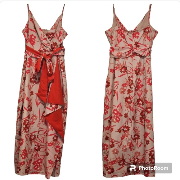 Badgley Mischka Floral Print Sweetheart Neck Sleeveless Lined Satin Midi Dress - Picture 3 of 16